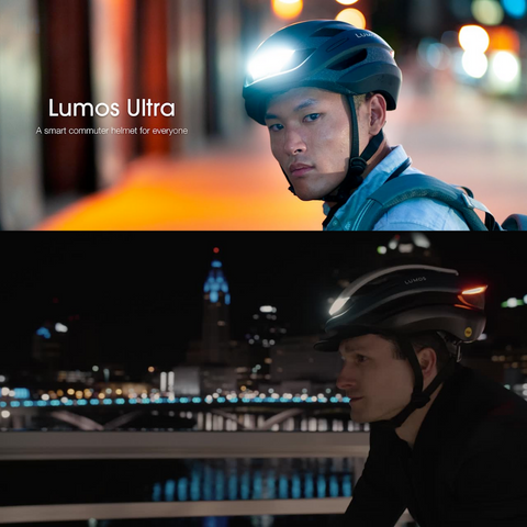 two combined photos showing cyclists wearing smart Lumos helmets while cycling in the city during the night